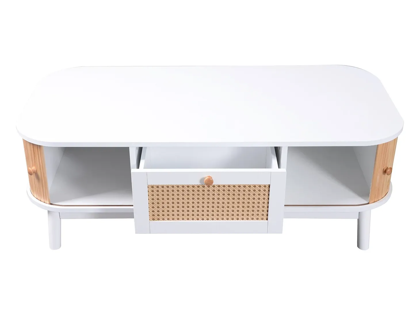 Mesa de centro em vime - Gaveta e 2 portas de correr - Branco e tom natural claro