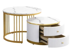 Mesa de centro encaixável com 2 gavetas - Tampo redondo com efeito mármore - Branco e dourado