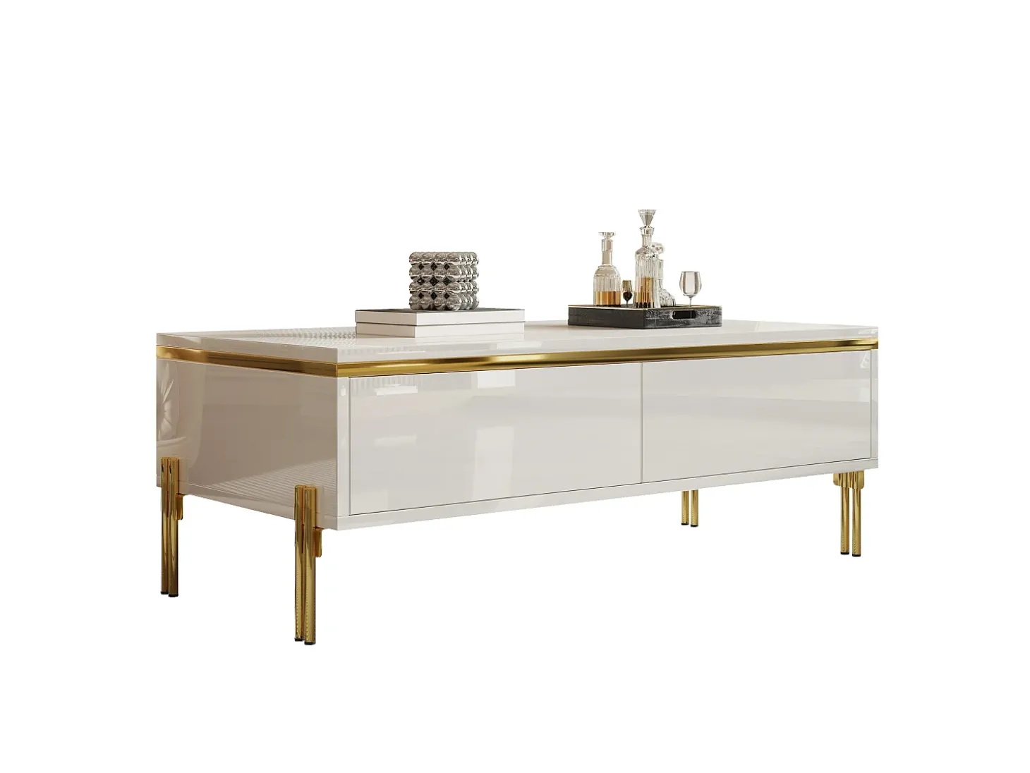 Mesa de centro envernizada brilhante 100x50x36 cm - 2 gavetas - Pés de metal - Painéis de partículas - Branco