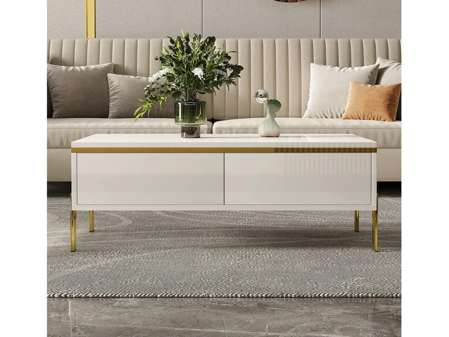 Mesa de centro envernizada brilhante 100x50x36 cm - 2 gavetas - Pés de metal - Painéis de partículas - Branco