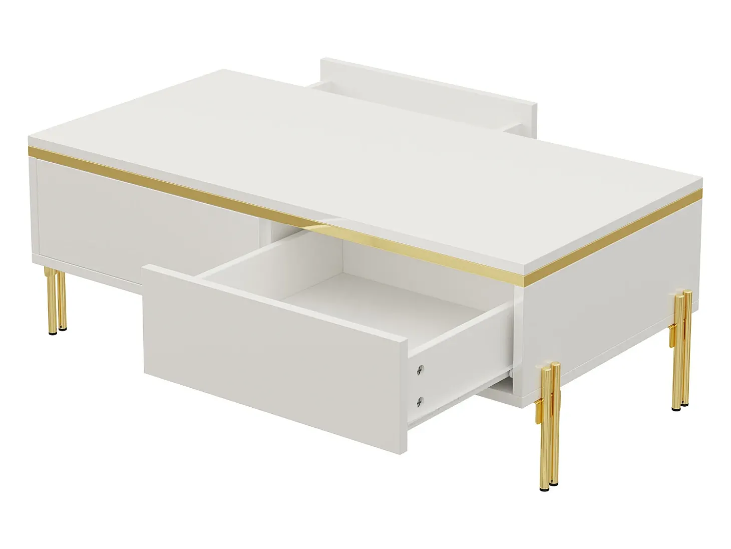Mesa de centro envernizada brilhante 100x50x36 cm - 2 gavetas - Pés de metal - Painéis de partículas - Branco