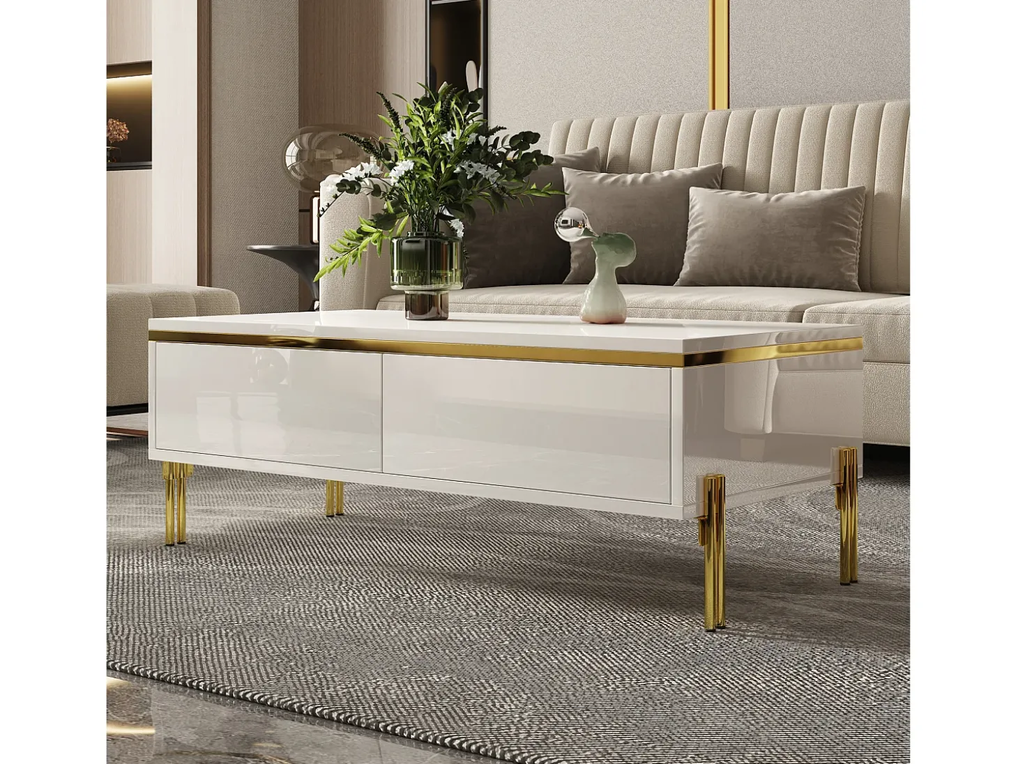 Mesa de centro envernizada brilhante 100x50x36 cm - 2 gavetas - Pés de metal - Painéis de partículas - Branco
