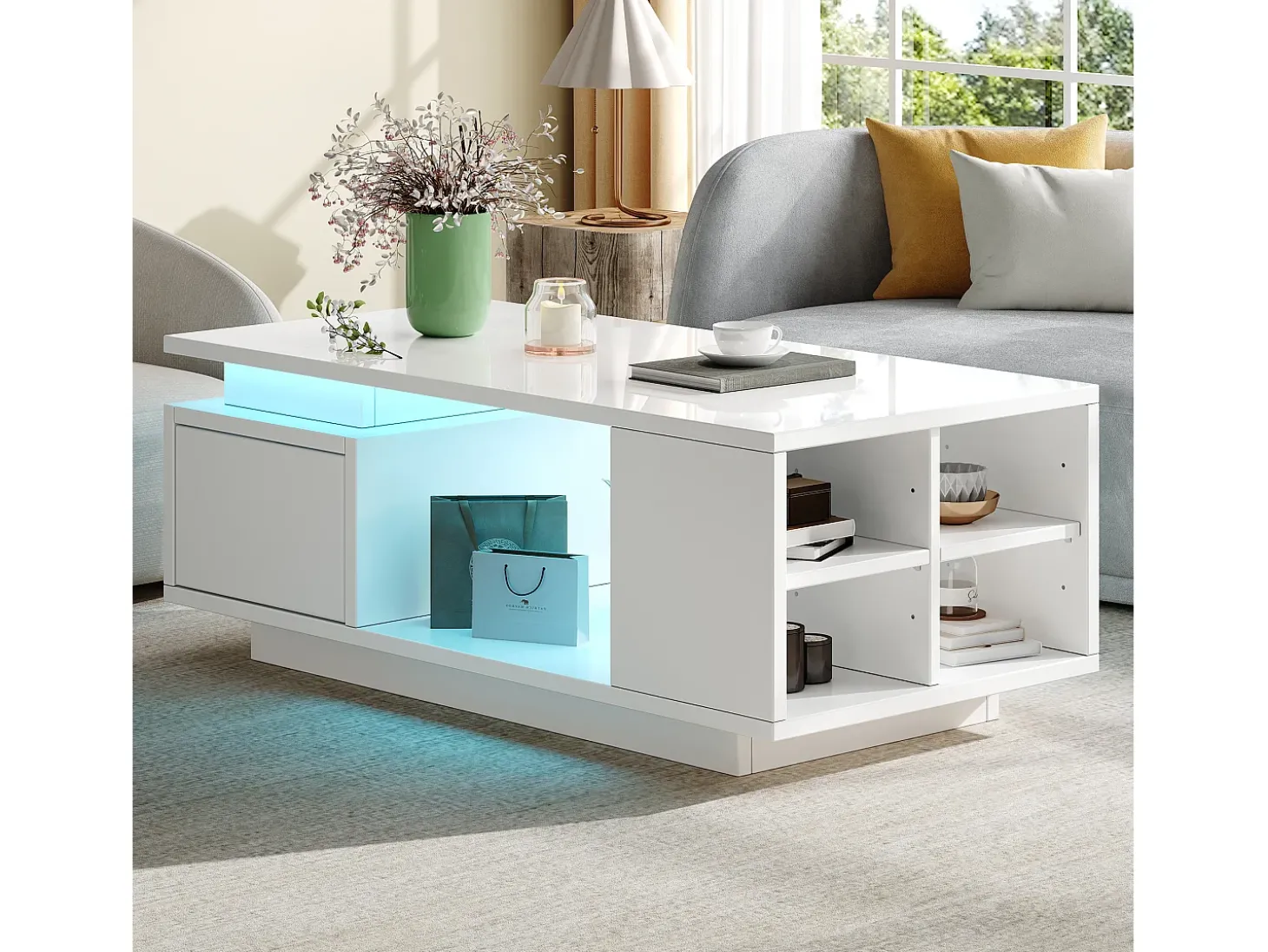 Mesa de centro envernizada brilhante 100x50x36 cm - con iluminação LED - con 1 gaveta - con 4 compartimentos de armazenamento - Branco