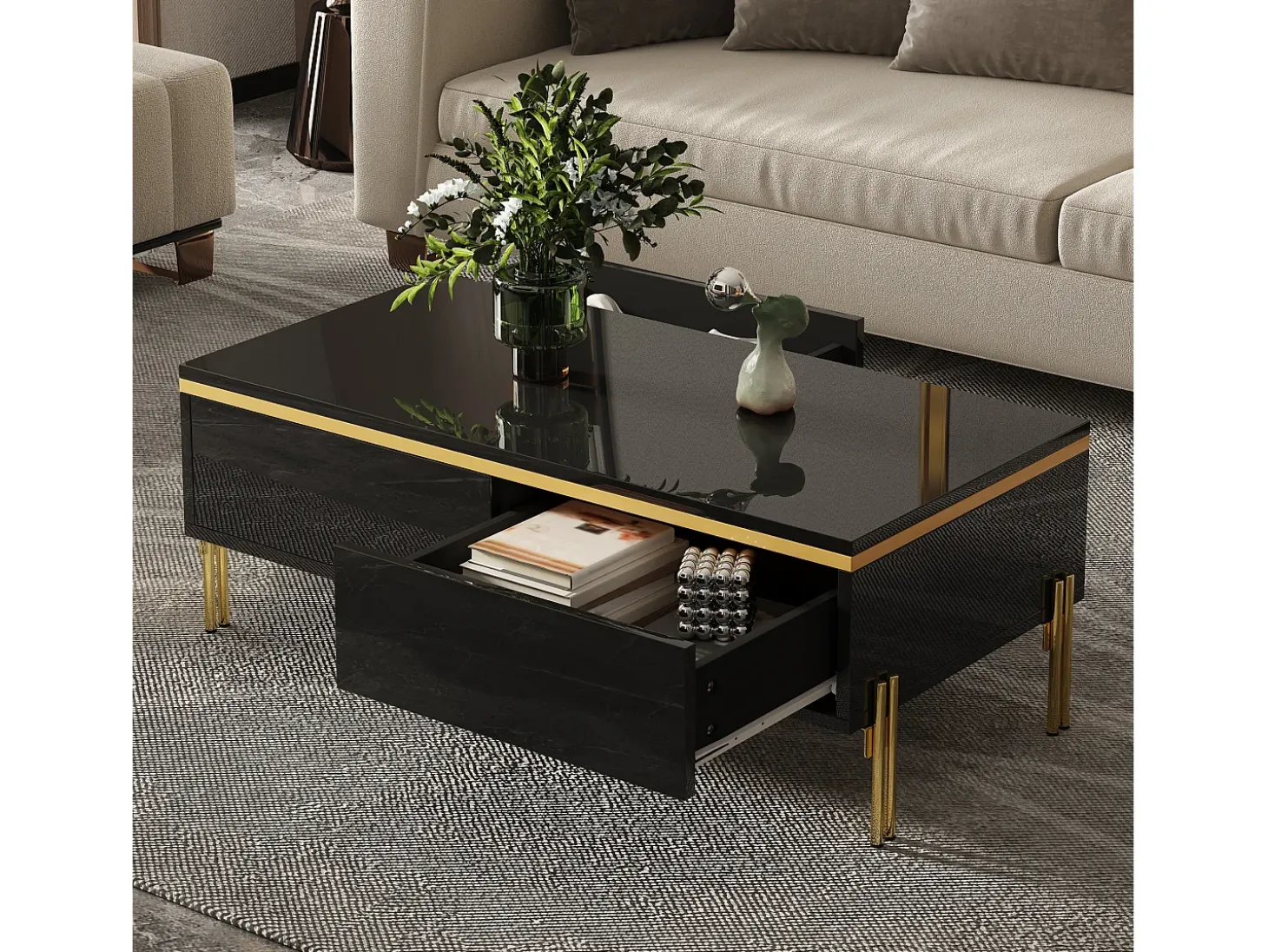 Mesa de centro envernizada brilhante 100x50x36 cm - 2 gavetas - Pés de metal - Painéis de partículas - Preto