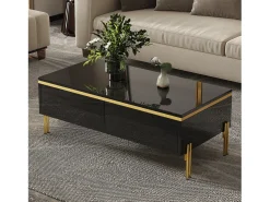 Mesa de centro envernizada brilhante 100x50x36 cm - 2 gavetas - Pés de metal - Painéis de partículas - Preto