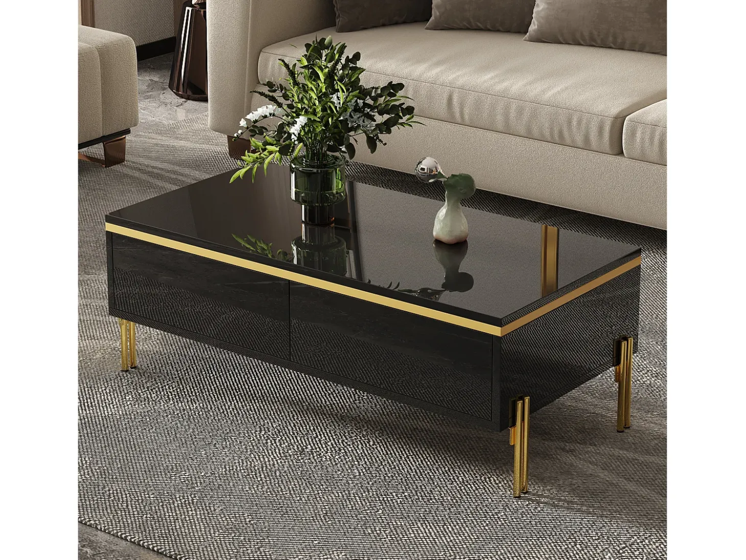 Mesa de centro envernizada brilhante 100x50x36 cm - 2 gavetas - Pés de metal - Painéis de partículas - Preto