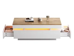 Mesa de centro envernizada brilhante 100x50x35 cm - con LED - con 2 gavetas - painéis de partículas - branco + natural