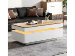 Mesa de centro envernizada brilhante 100x50x35 cm - con LED - con 2 gavetas - painéis de partículas - branco + natural