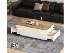 Mesa de centro envernizada brilhante 100x50x35 cm - con LED - con 2 gavetas - painéis de partículas - branco + natural