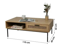 Mesa de centro estilo campestre com uma gaveta de efeito juta e um nicho - 110x60xH42cm