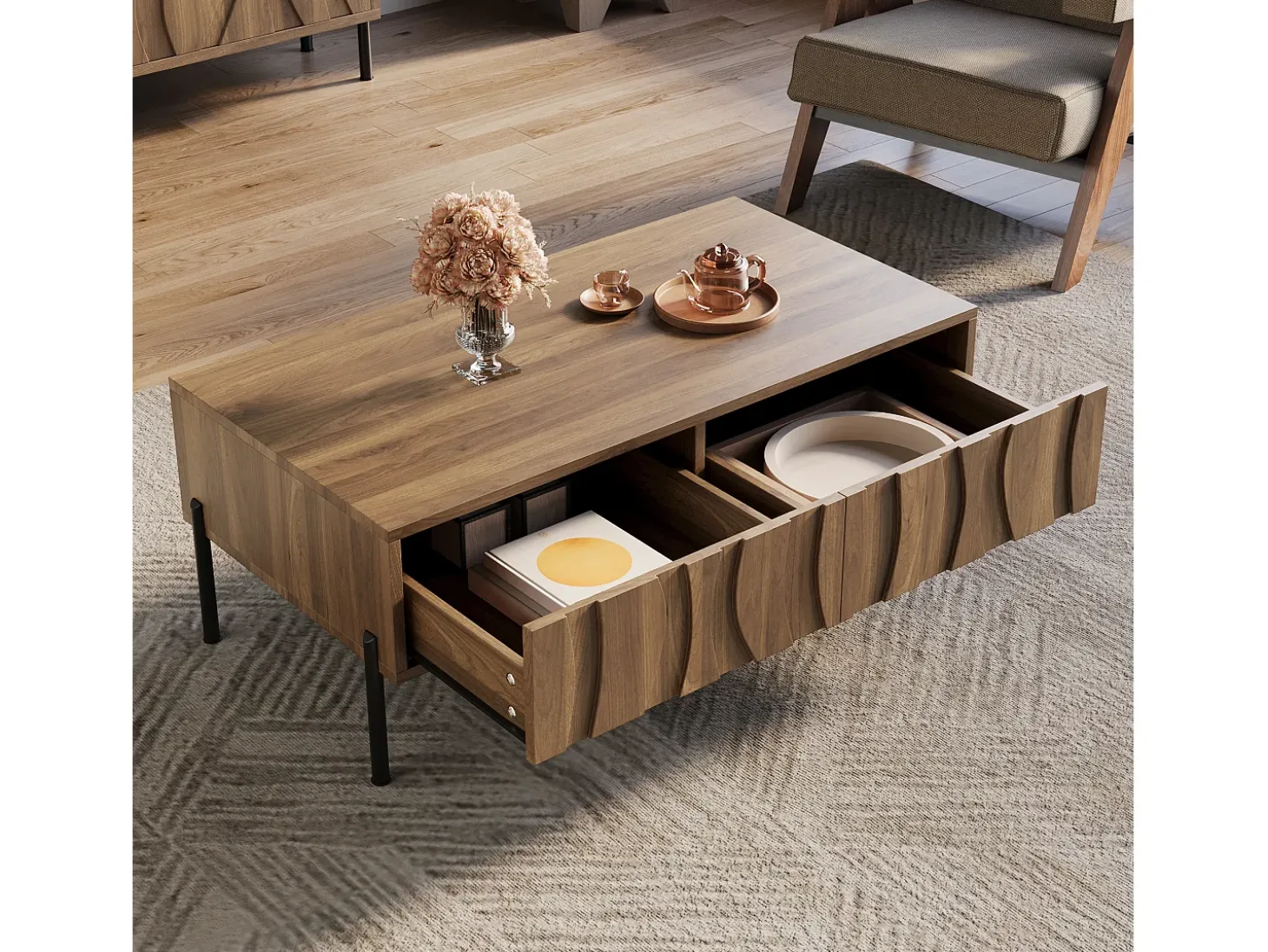 Mesa de centro estilo retro com 2 gavetas, 105x55x41cm - Cor madeira