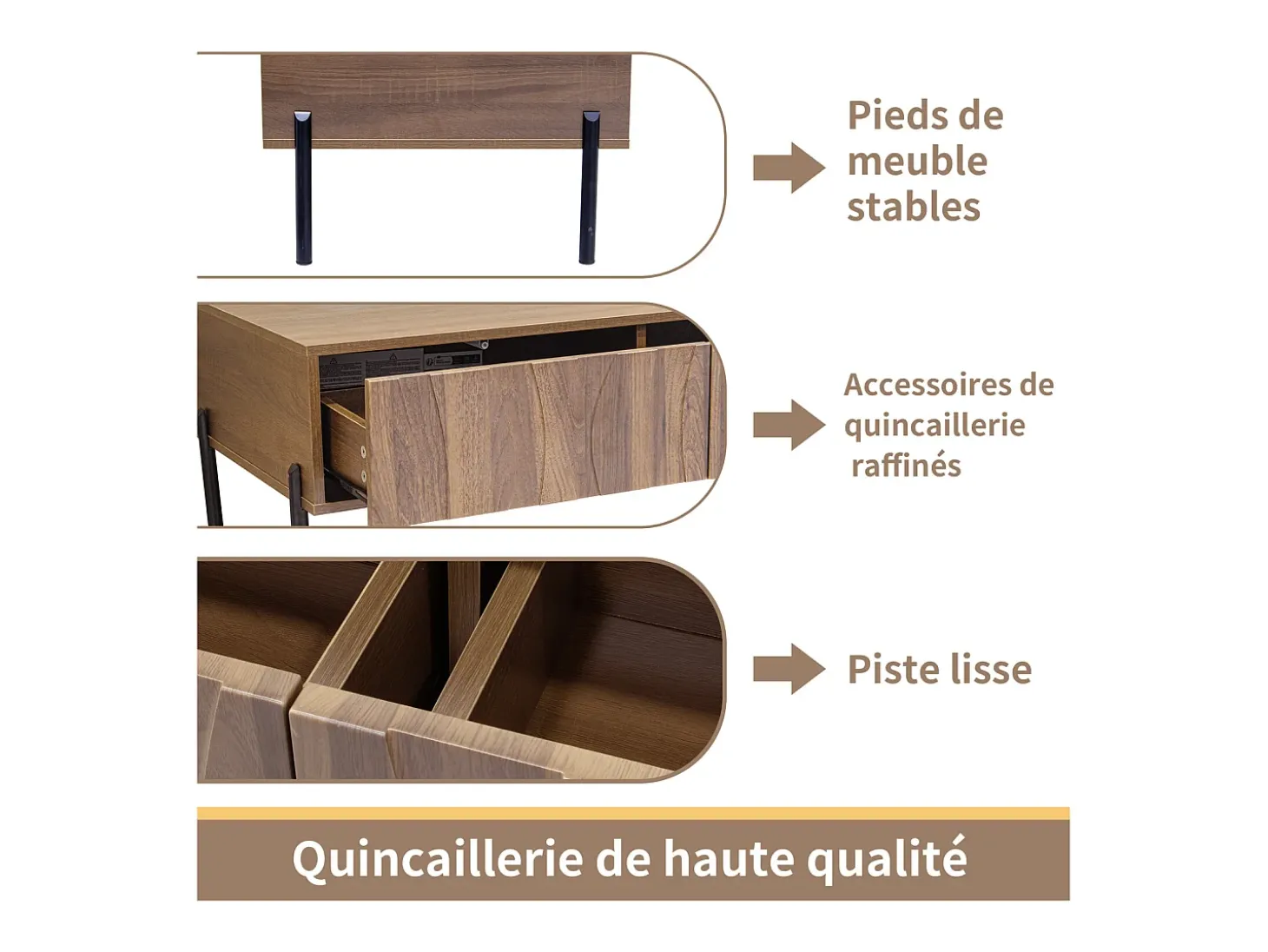 Mesa de centro estilo retro com 2 gavetas, 105x55x41cm - Cor madeira
