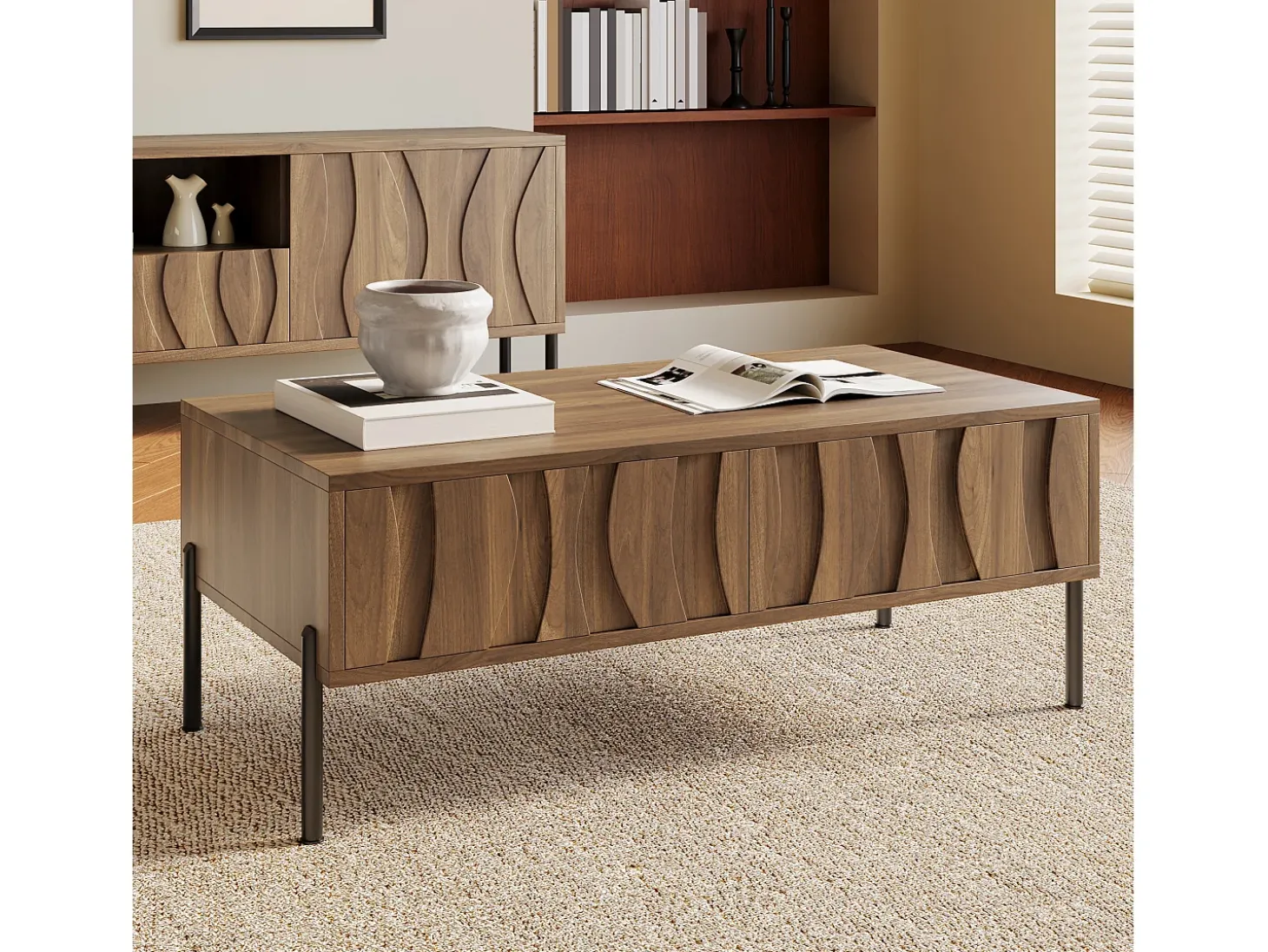 Mesa de centro estilo vintage 105x55x41 cm - com 2 gavetas - Estrutura de madeira - MDF - Natural