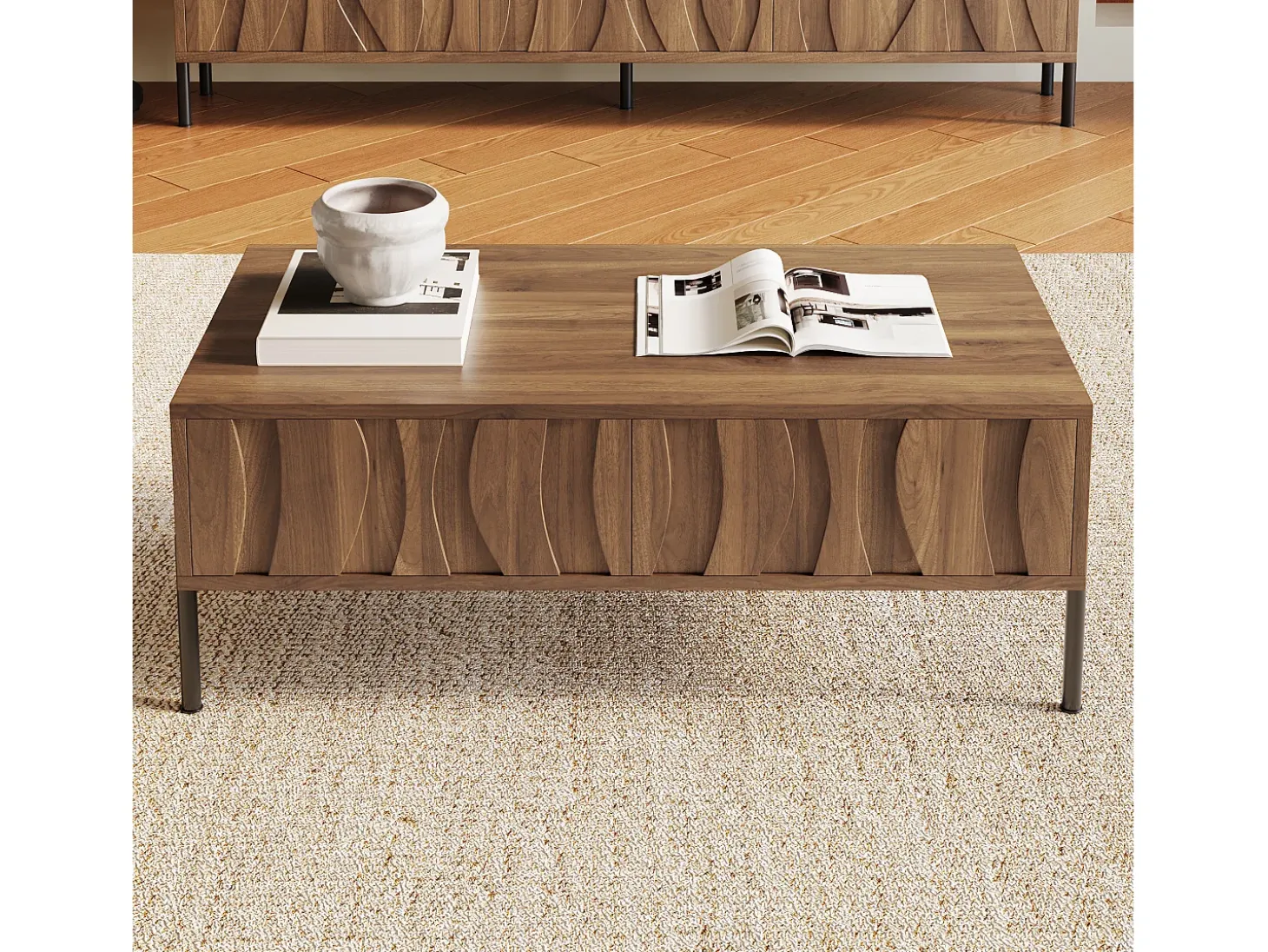 Mesa de centro estilo vintage 105x55x41 cm - com 2 gavetas - Estrutura de madeira - MDF - Natural