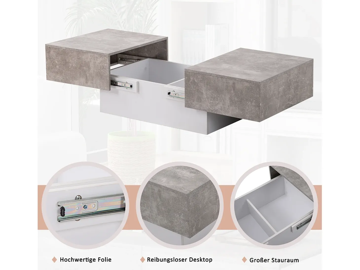 Mesa de centro extensível - Madeira MDF - Estilo moderno - para sala, escritório - Cinza
