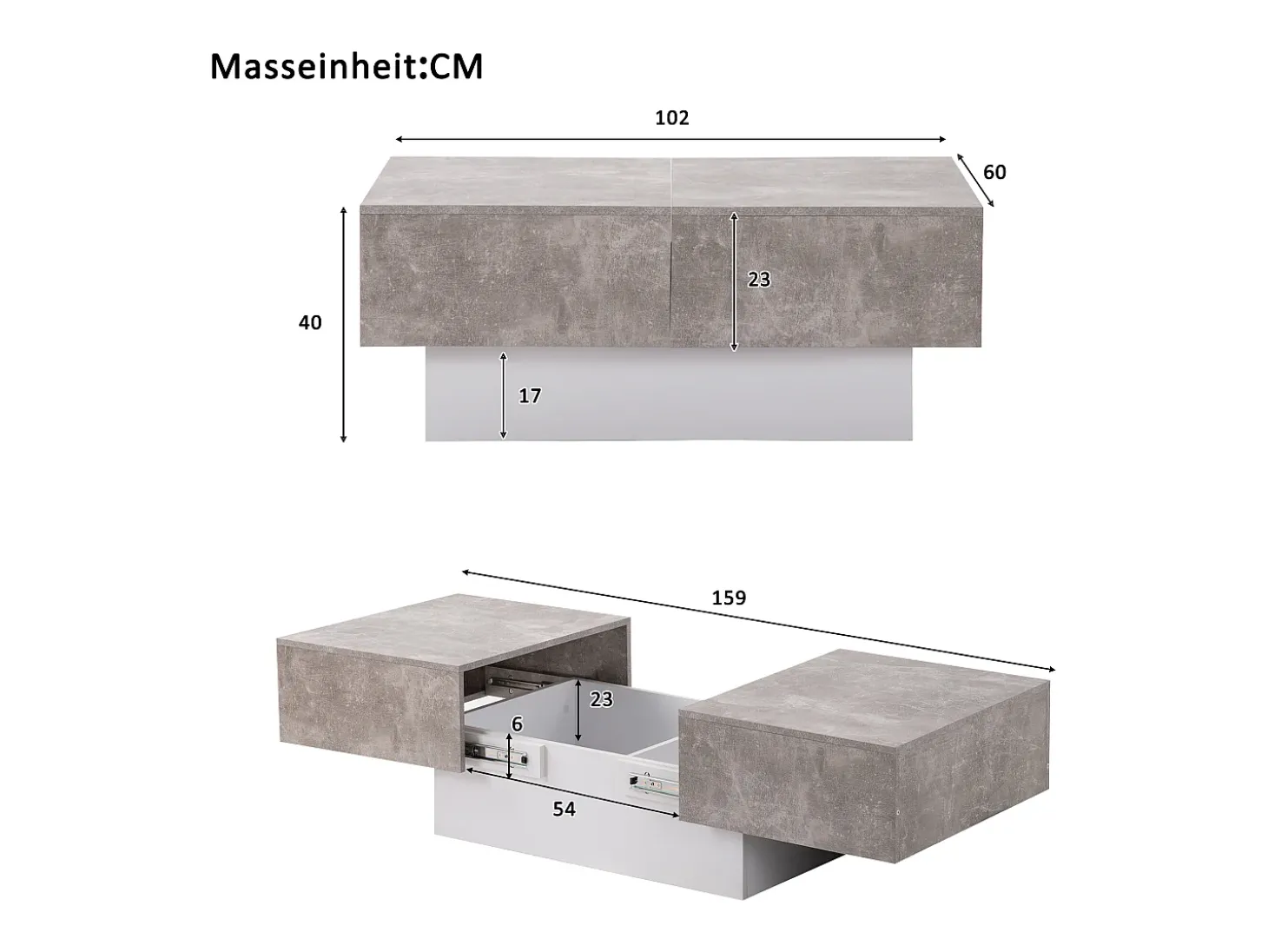 Mesa de centro extensível - Madeira MDF - Estilo moderno - para sala, escritório - Cinza