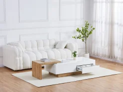 Mesa de centro extensível de MDF com 1 gaveta e 1 prateleira - Natural e Branco - MANDREA