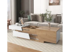 Mesa de centro extensível com 2 gavetas - 120 x 50 x 37,5 cm - Aglomerado - Branco + natural