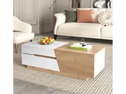 Mesa de centro extensível com 2 gavetas - 120 x 50 x 37,5 cm - Aglomerado - Branco + natural