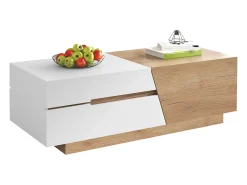 Mesa de centro extensível com 2 gavetas - 120 x 50 x 37,5 cm - Aglomerado - Branco + natural