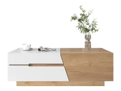 Mesa de centro extensível com 2 gavetas - 120 x 50 x 37,5 cm - Aglomerado - Branco + natural