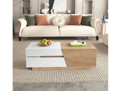 Mesa de centro extensível com 2 gavetas - 120 x 50 x 37,5 cm - Aglomerado - Branco + natural