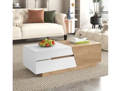 Mesa de centro extensível com 2 gavetas - 120 x 50 x 37,5 cm - Aglomerado - Branco + natural