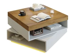Mesa de centro giratória 360° - 65 x 65 x 40 cm - com LEDs + espaço de armazenamento - MDF - Branco + Natural