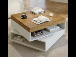 Mesa de centro giratória 360° - 65 x 65 x 40 cm - com LEDs + espaço de armazenamento - MDF - Branco + Natural