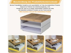 Mesa de centro giratória 360° - 65 x 65 x 40 cm - com LEDs + espaço de armazenamento - MDF - Branco + Natural