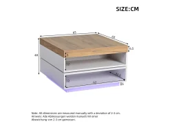 Mesa de centro giratória 360° - 65 x 65 x 40 cm - com LEDs + espaço de armazenamento - MDF - Branco + Natural