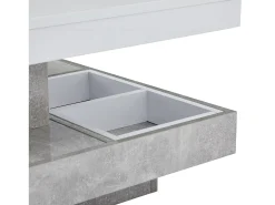 Mesa de centro giratória branca com espaço de arrumação, tampo lacado brilhante com efeito mármore.