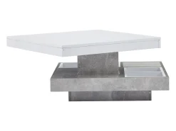 Mesa de centro giratória branca com espaço de arrumação, tampo lacado brilhante com efeito mármore.