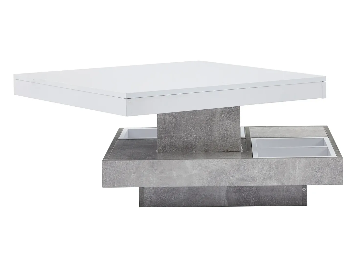 Mesa de centro giratória branca com espaço de arrumação, tampo lacado brilhante com efeito mármore.