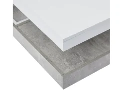 Mesa de centro giratória branca com espaço de arrumação, tampo lacado brilhante com efeito mármore.