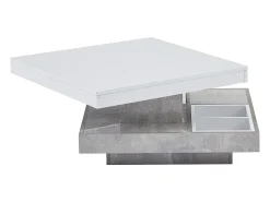 Mesa de centro giratória branca com espaço de arrumação, tampo lacado brilhante com efeito mármore.