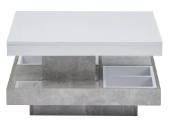Mesa de centro giratória branca com espaço de arrumação, tampo lacado brilhante com efeito mármore.
