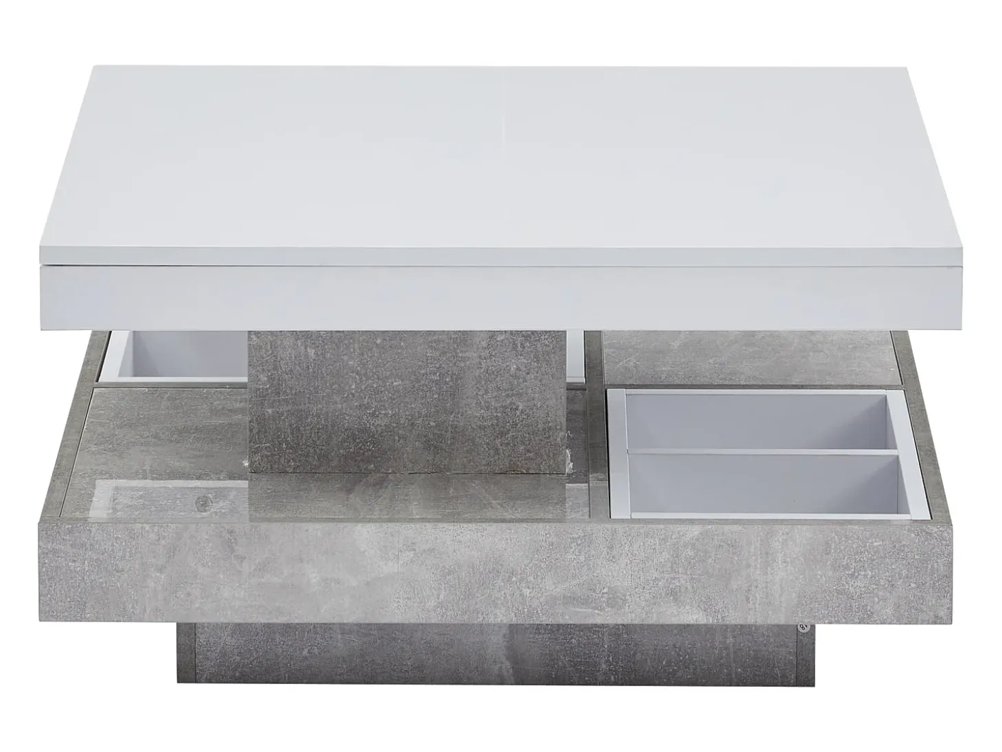 Mesa de centro giratória branca com espaço de arrumação, tampo lacado brilhante com efeito mármore.