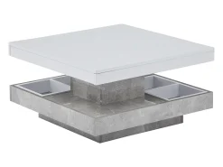 Mesa de centro giratória branca com espaço de arrumação, tampo lacado brilhante com efeito mármore.