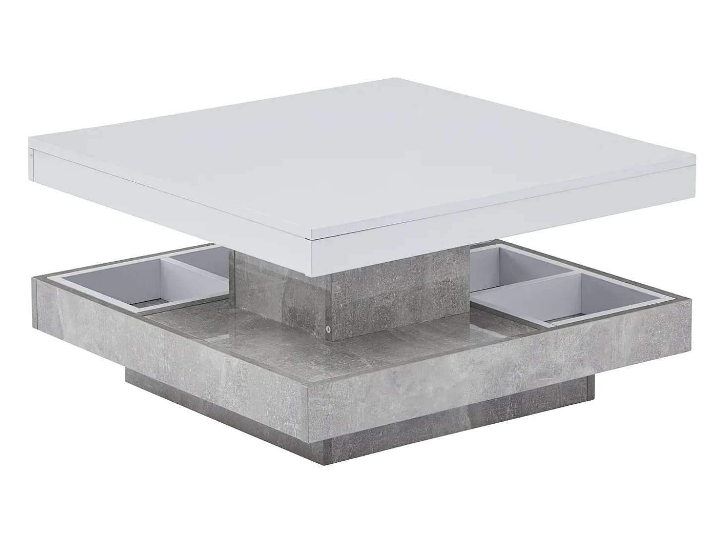 Mesa de centro giratória branca com espaço de arrumação, tampo lacado brilhante com efeito mármore.