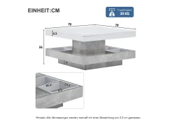 Mesa de centro giratória branca com espaço de arrumação, tampo lacado brilhante com efeito mármore.
