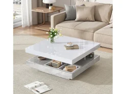 Mesa de centro giratória branca com espaço de arrumação, tampo lacado brilhante com efeito mármore.