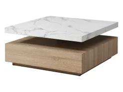 Mesa de centro giratória com 1 gaveta MDF efeito mármore branco e natural - KYRIA