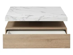 Mesa de centro giratória com 1 gaveta MDF efeito mármore branco e natural - KYRIA