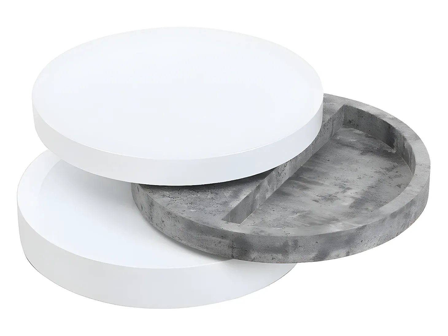 Mesa de centro giratória redonda - 3 plataformas - MDF - Branco e cinza cimento. JANITA