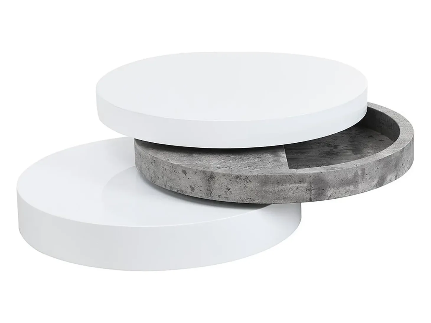 Mesa de centro giratória redonda - 3 plataformas - MDF - Branco e cinza cimento. JANITA