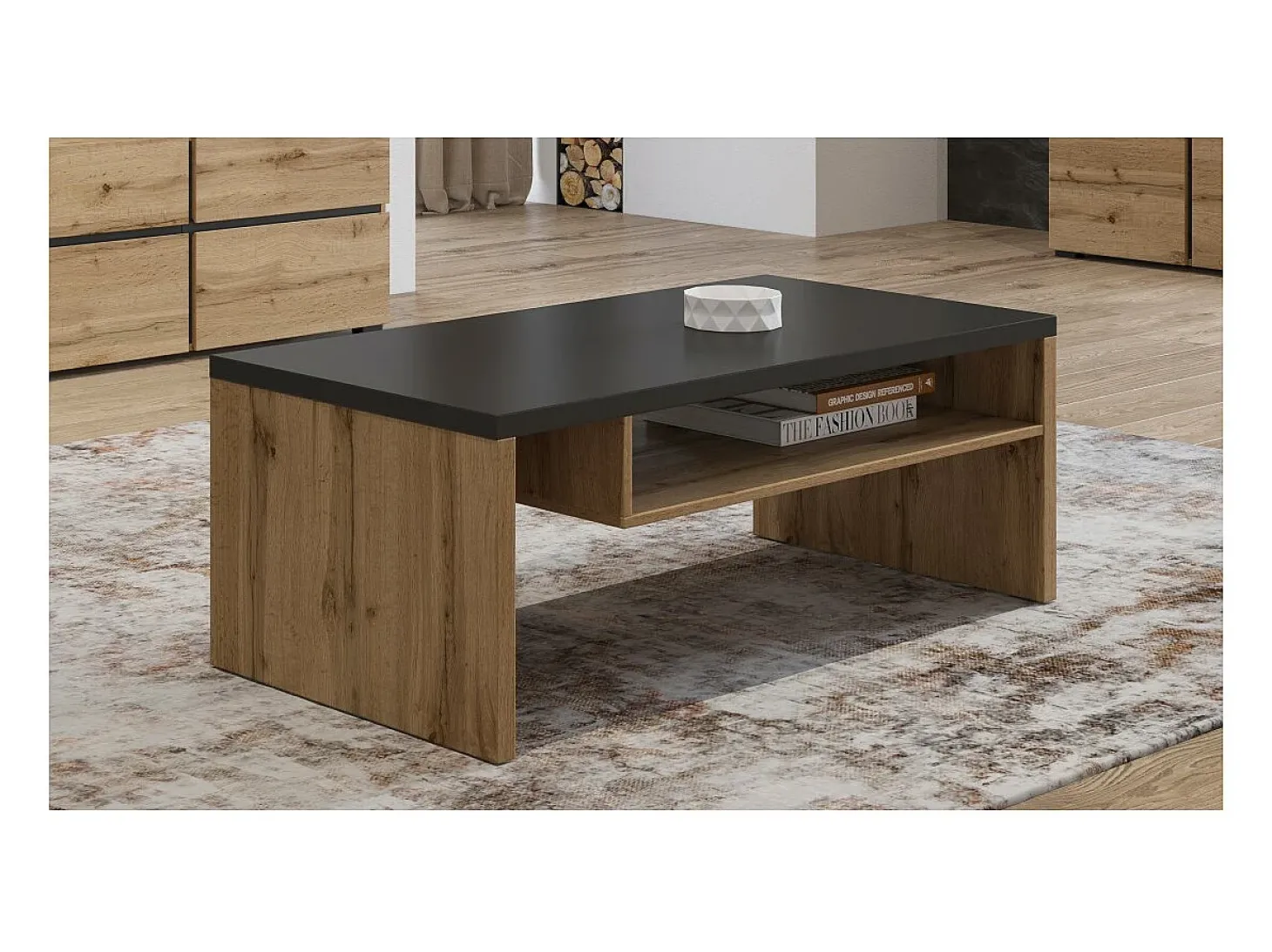 Mesa de Centro HAVANA – Carvalho e Preto – Tampo Preto Fosco – Com Nicho – Estilo Natural e Moderno
