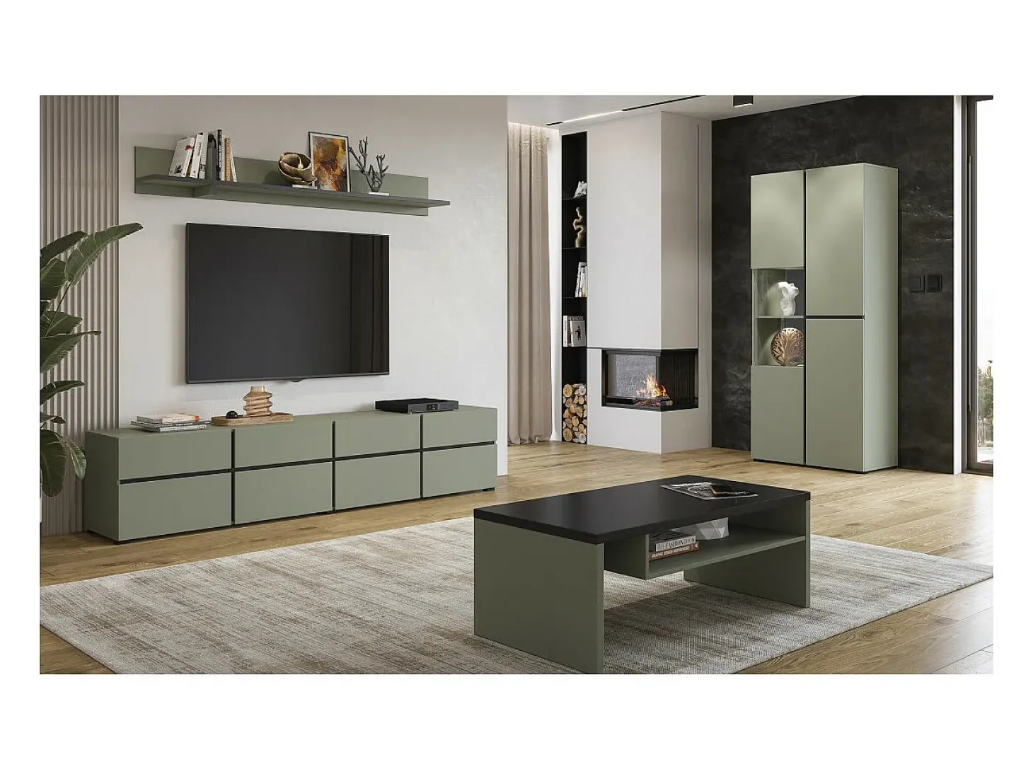 Mesa de centro HAVANA – Verde sálvia e preto – Tampo preto fosco – Com nicho – Design moderno
