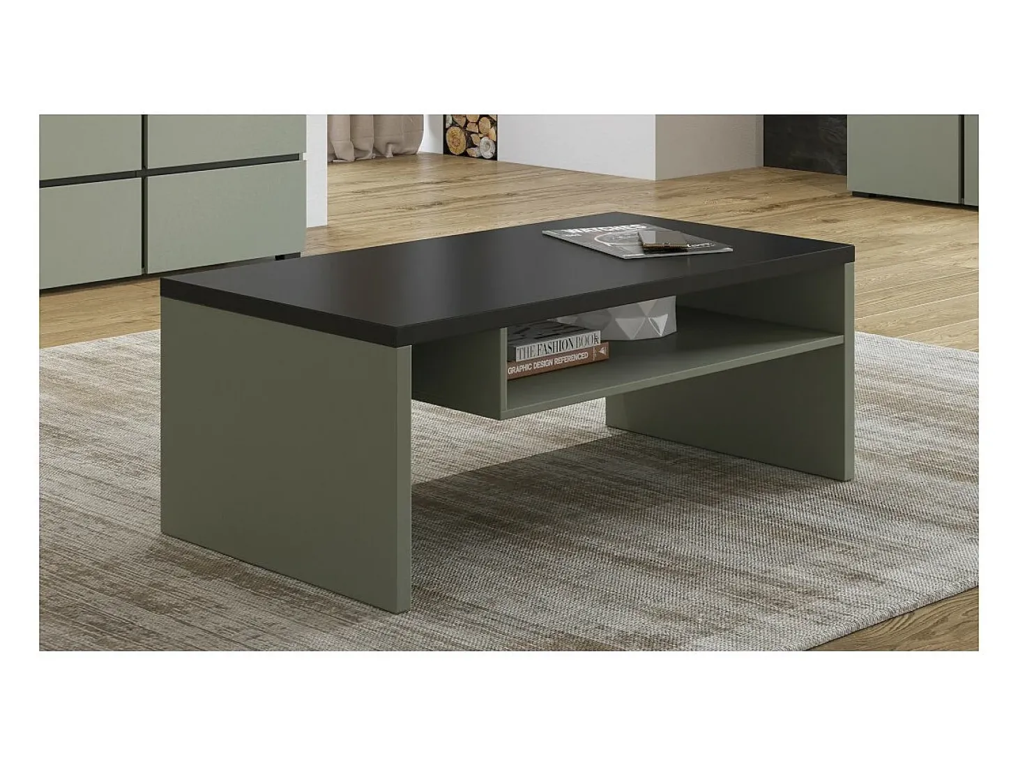 Mesa de centro HAVANA – Verde sálvia e preto – Tampo preto fosco – Com nicho – Design moderno