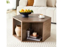Mesa de centro hexagonal com espaço de arrumação, 79 x 69,4 x 40 cm - Castanho